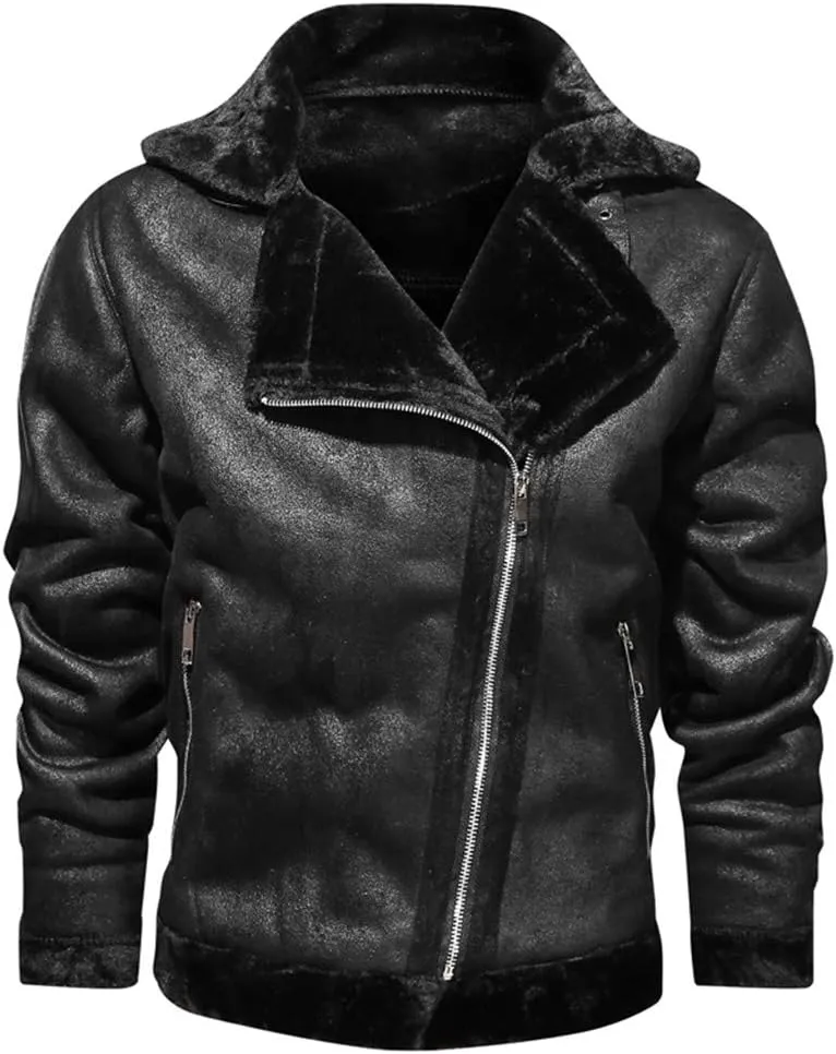 Leather Jackets for Men, Faux Leather Fleece Lined Fall Winter Warm Coat Men Motorcycle Biker Bomber Jacket