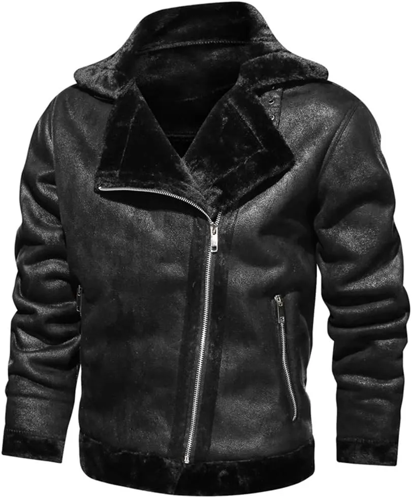 Leather Jackets for Men, Faux Leather Fleece Lined Fall Winter Warm Coat Men Motorcycle Biker Bomber Jacket