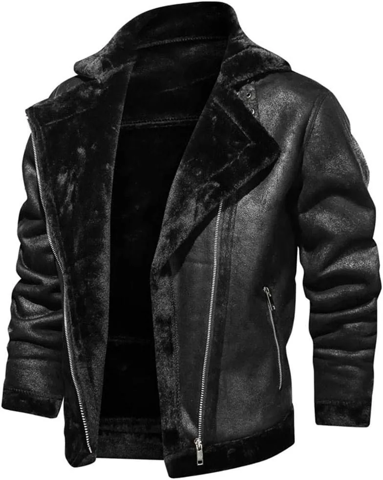 Leather Jackets for Men, Faux Leather Fleece Lined Fall Winter Warm Coat Men Motorcycle Biker Bomber Jacket