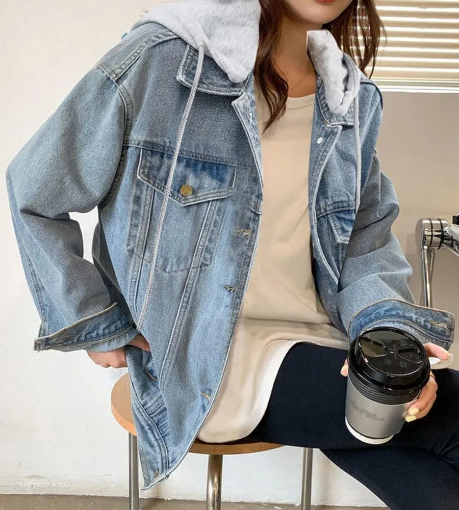 LifeShe Women's denim jacket with hood oversized distressed jean jackets hoodie