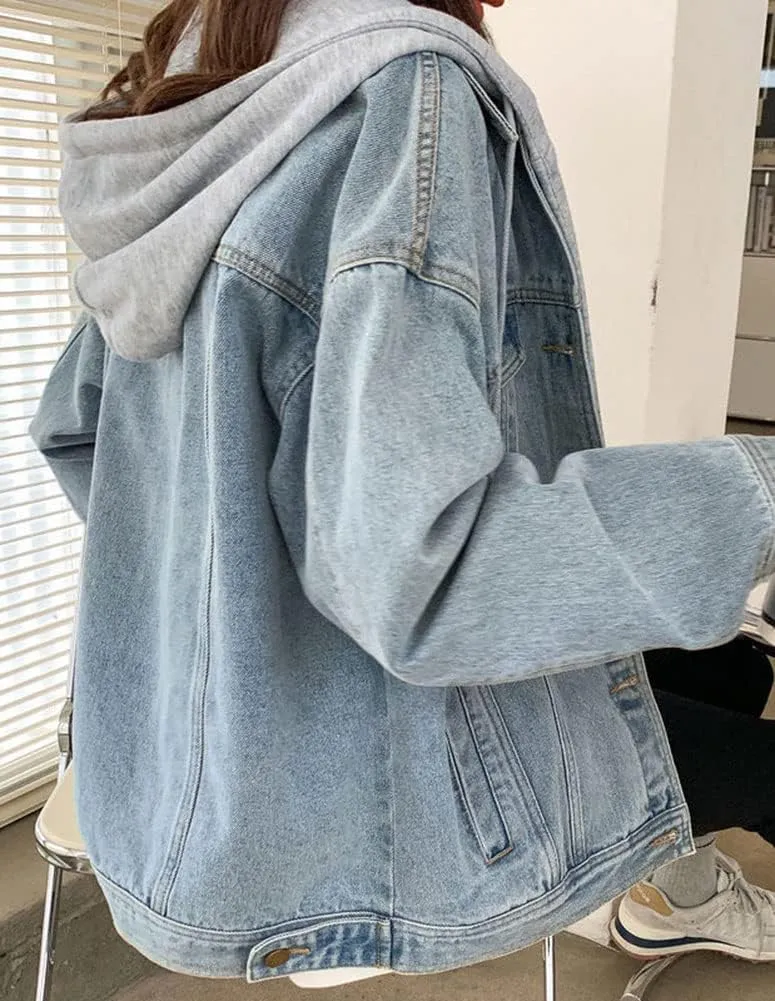 LifeShe Women's denim jacket with hood oversized distressed jean jackets hoodie