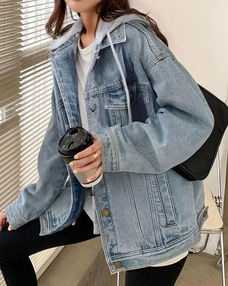 LifeShe Women's denim jacket with hood oversized distressed jean jackets hoodie