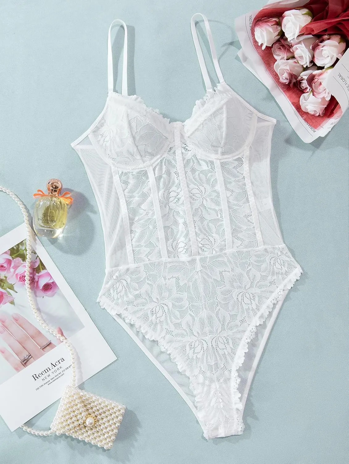 Lilosy Sexy Mesh Sheer Floral Lace Corset Lingerie Bodysuit Bustier Cami Top