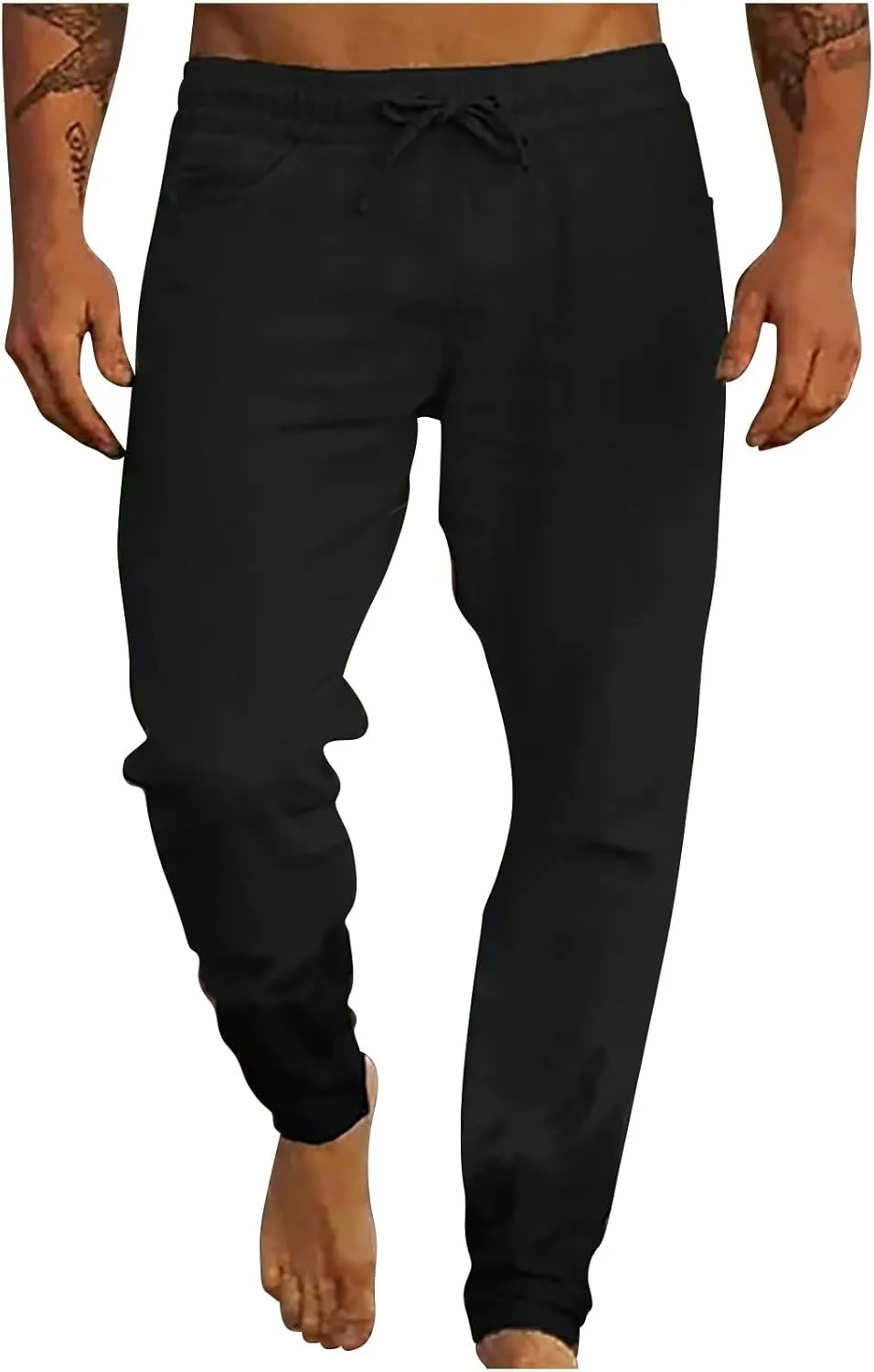 Linen Pants Mens Casual Drawstring Elastic Waist Summer Beach Pants Yoga Workout Trousers with Pockets