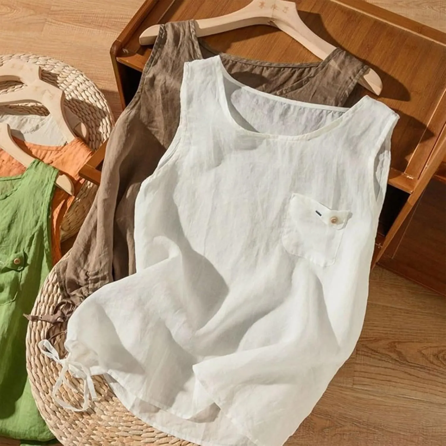 Linen Shirts for Women Summer Dressy Sleeveless Crewneck Plus Size Tank Tops Solid Color Lightweight Comfy Vests