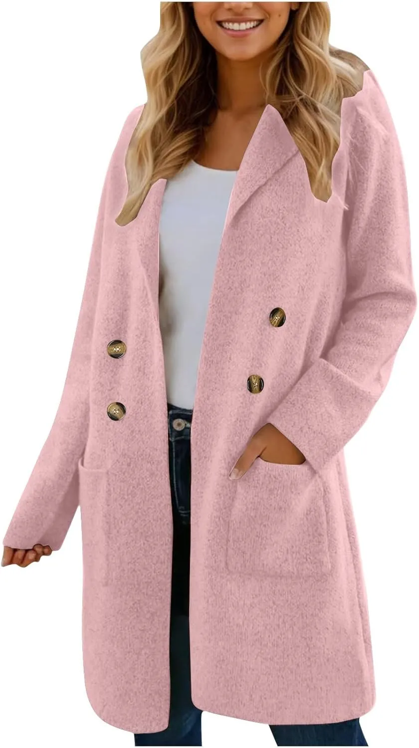 Long Cardigan Sweaters for Women Pea Trench Coats Mid Length Button Up Knit Cardigan Oversized Winter Jacket Trendy