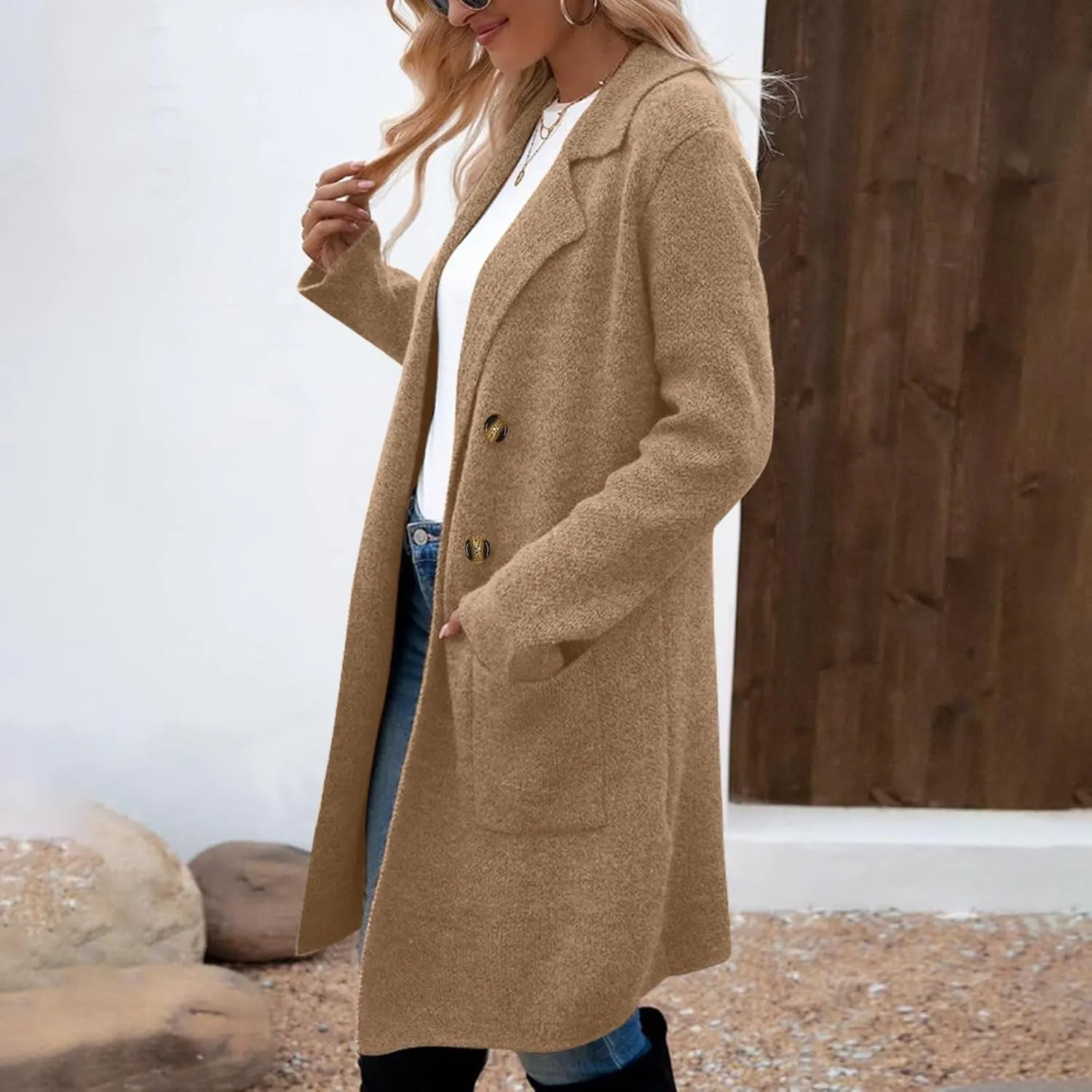 Long Cardigan Sweaters for Women Pea Trench Coats Mid Length Button Up Knit Cardigan Oversized Winter Jacket Trendy