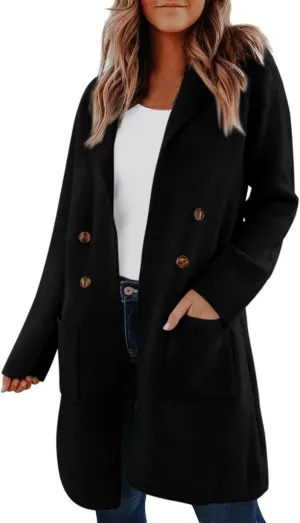 Long Cardigan Sweaters for Women Pea Trench Coats Mid Length Button Up Knit Cardigan Oversized Winter Jacket Trendy
