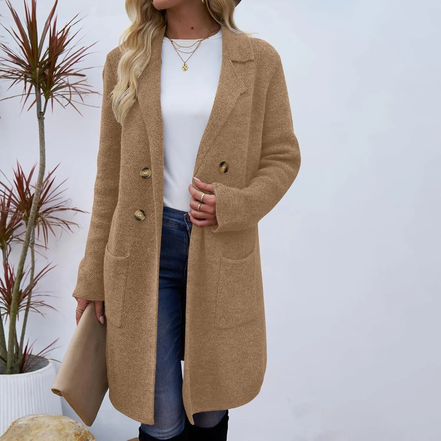 Long Cardigan Sweaters for Women Pea Trench Coats Mid Length Button Up Knit Cardigan Oversized Winter Jacket Trendy