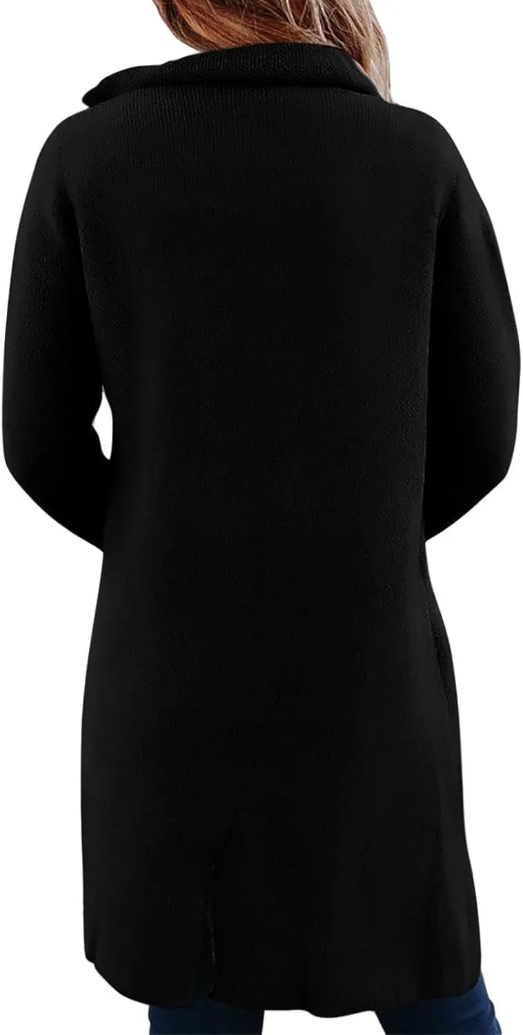 Long Cardigan Sweaters for Women Pea Trench Coats Mid Length Button Up Knit Cardigan Oversized Winter Jacket Trendy