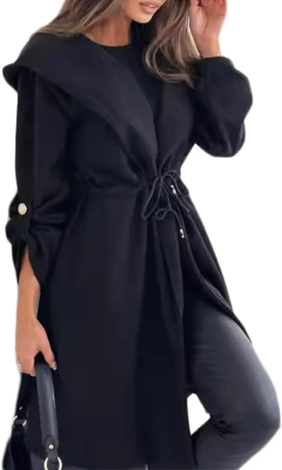 Long Hooded Jacket with A Tie at The Waist for Women,Lapel Collar Open Front Belted Long Jacket Hooded Trench Coat