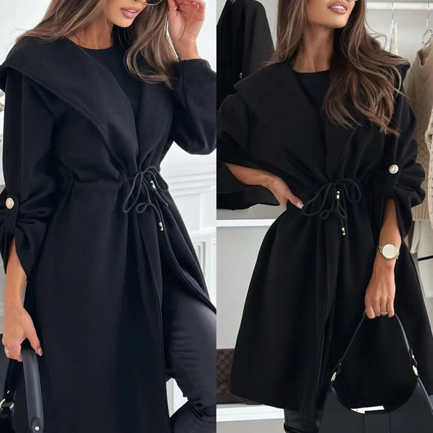 Long Hooded Jacket with A Tie at The Waist for Women,Lapel Collar Open Front Belted Long Jacket Hooded Trench Coat