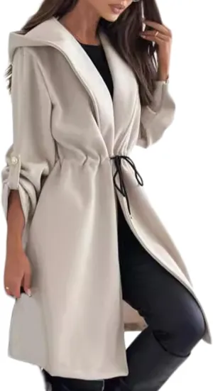 Long Hooded Jacket with A Tie at The Waist for Women,Lapel Collar Open Front Belted Long Jacket Hooded Trench Coat