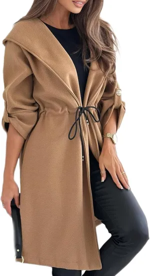 Long Hooded Jacket with A Tie at The Waist for Women,Lapel Collar Open Front Belted Long Jacket Hooded Trench Coat