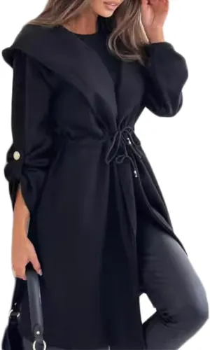 Long Hooded Jacket with A Tie at The Waist for Women,Lapel Collar Open Front Belted Long Jacket Hooded Trench Coat