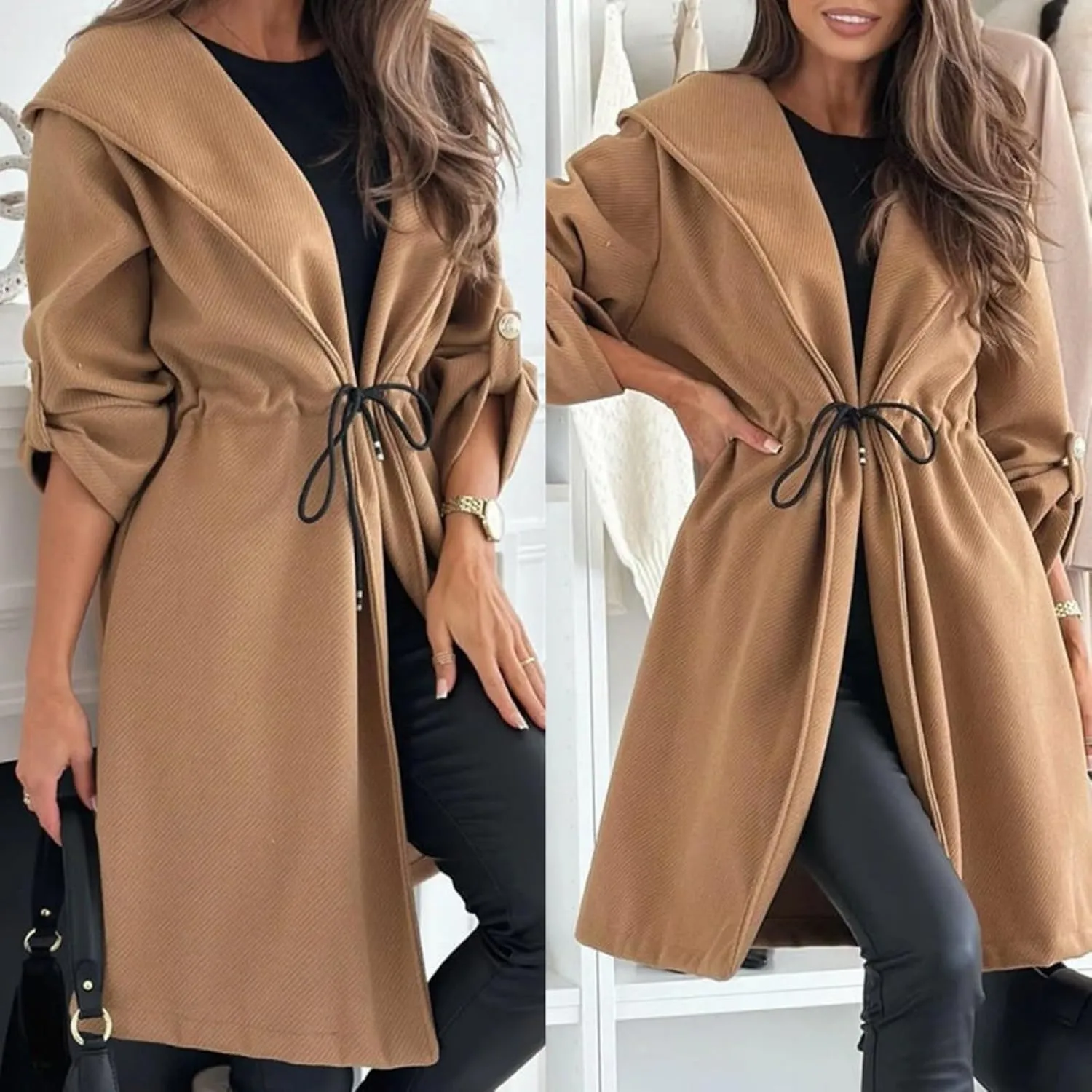Long Hooded Jacket with A Tie at The Waist for Women,Lapel Collar Open Front Belted Long Jacket Hooded Trench Coat