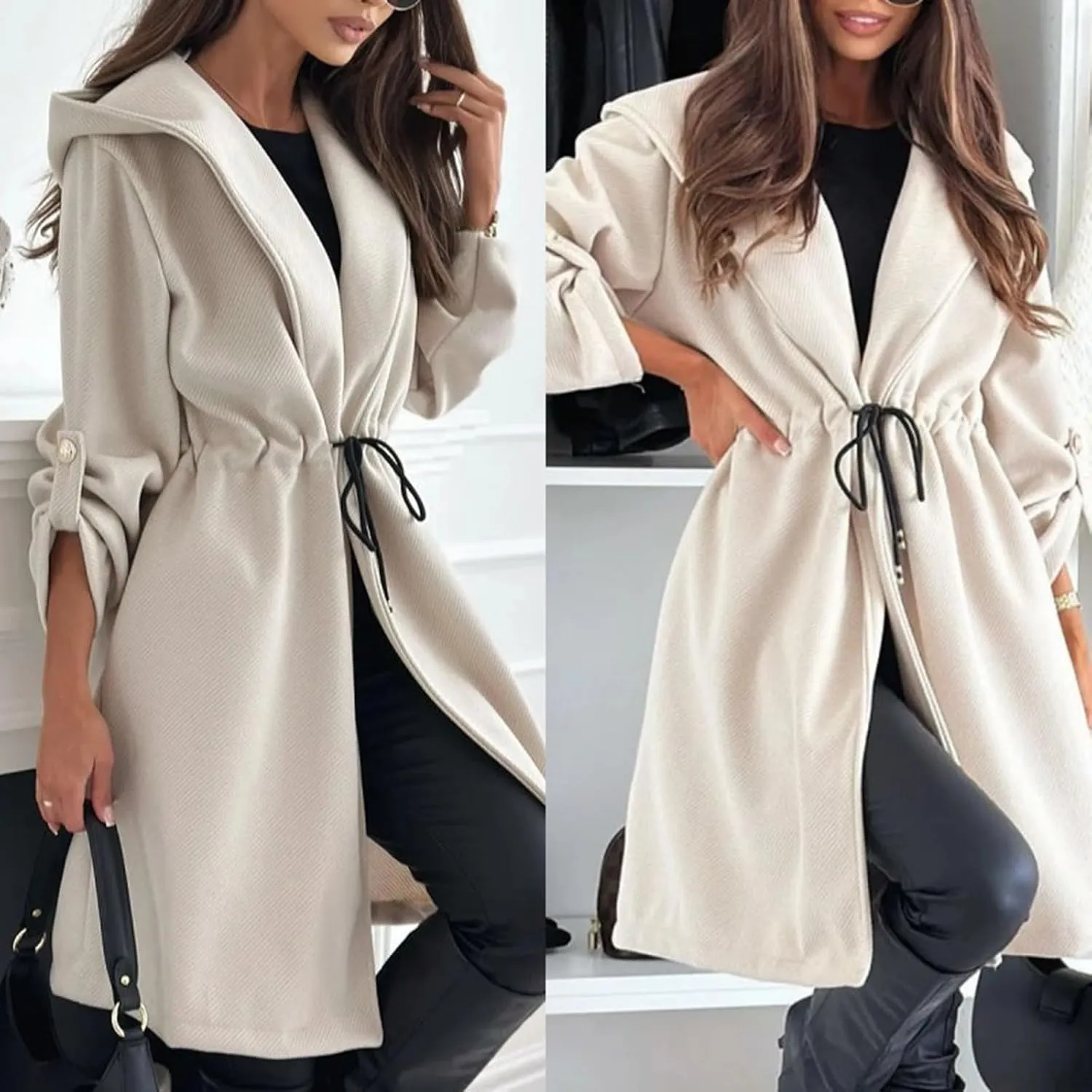 Long Hooded Jacket with A Tie at The Waist for Women,Lapel Collar Open Front Belted Long Jacket Hooded Trench Coat