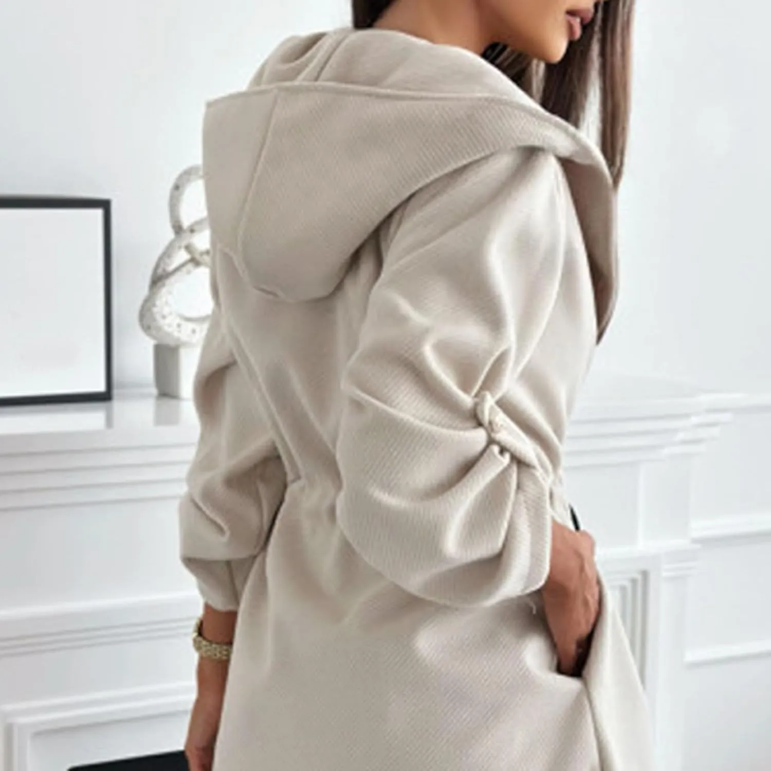 Long Hooded Jacket with A Tie at The Waist for Women,Lapel Collar Open Front Belted Long Jacket Hooded Trench Coat