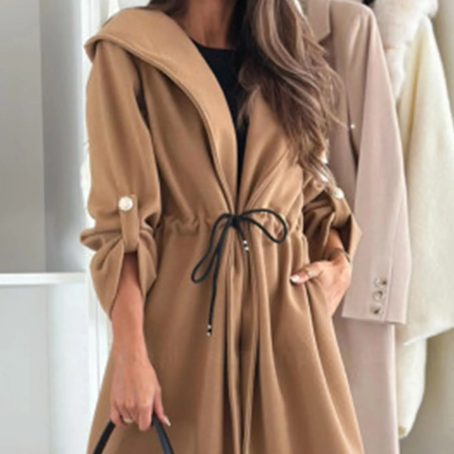 Long Hooded Jacket with A Tie at The Waist for Women,Lapel Collar Open Front Belted Long Jacket Hooded Trench Coat