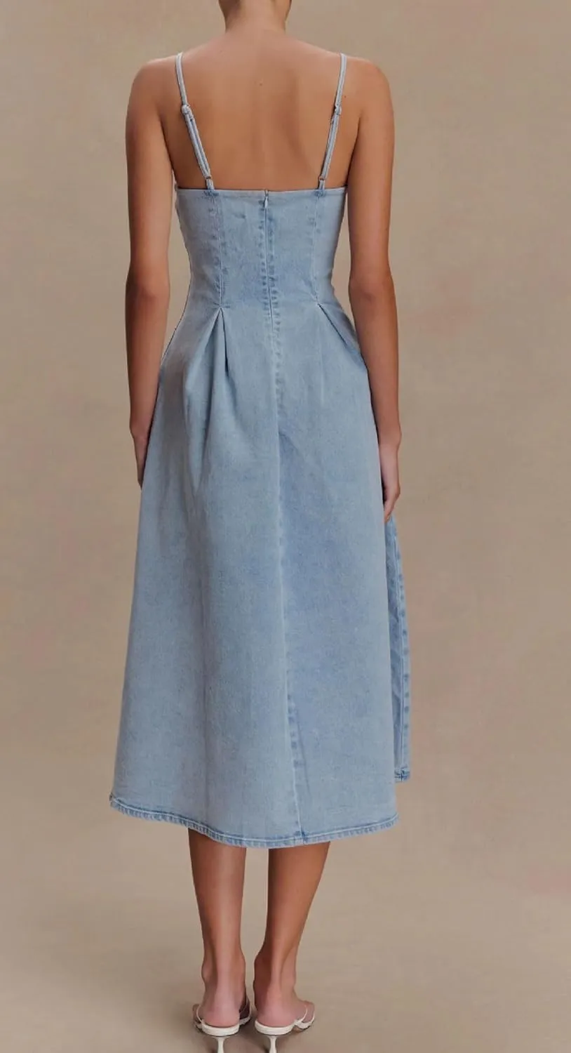 loveimgs Women Sexy Spaghetti Strap Long Denim Midi Dress Slip Sleeveless Skinny Bodycon A Line Jean Dress Cocktail
