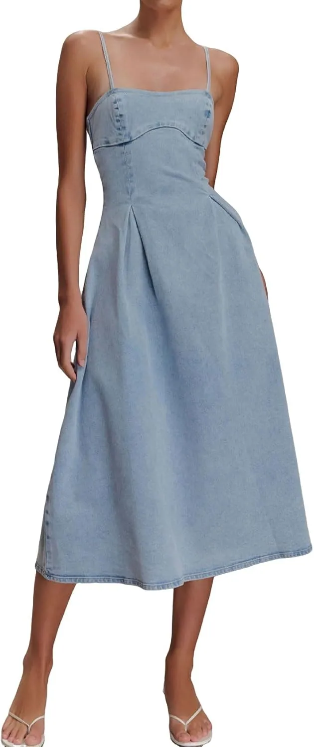 loveimgs Women Sexy Spaghetti Strap Long Denim Midi Dress Slip Sleeveless Skinny Bodycon A Line Jean Dress Cocktail