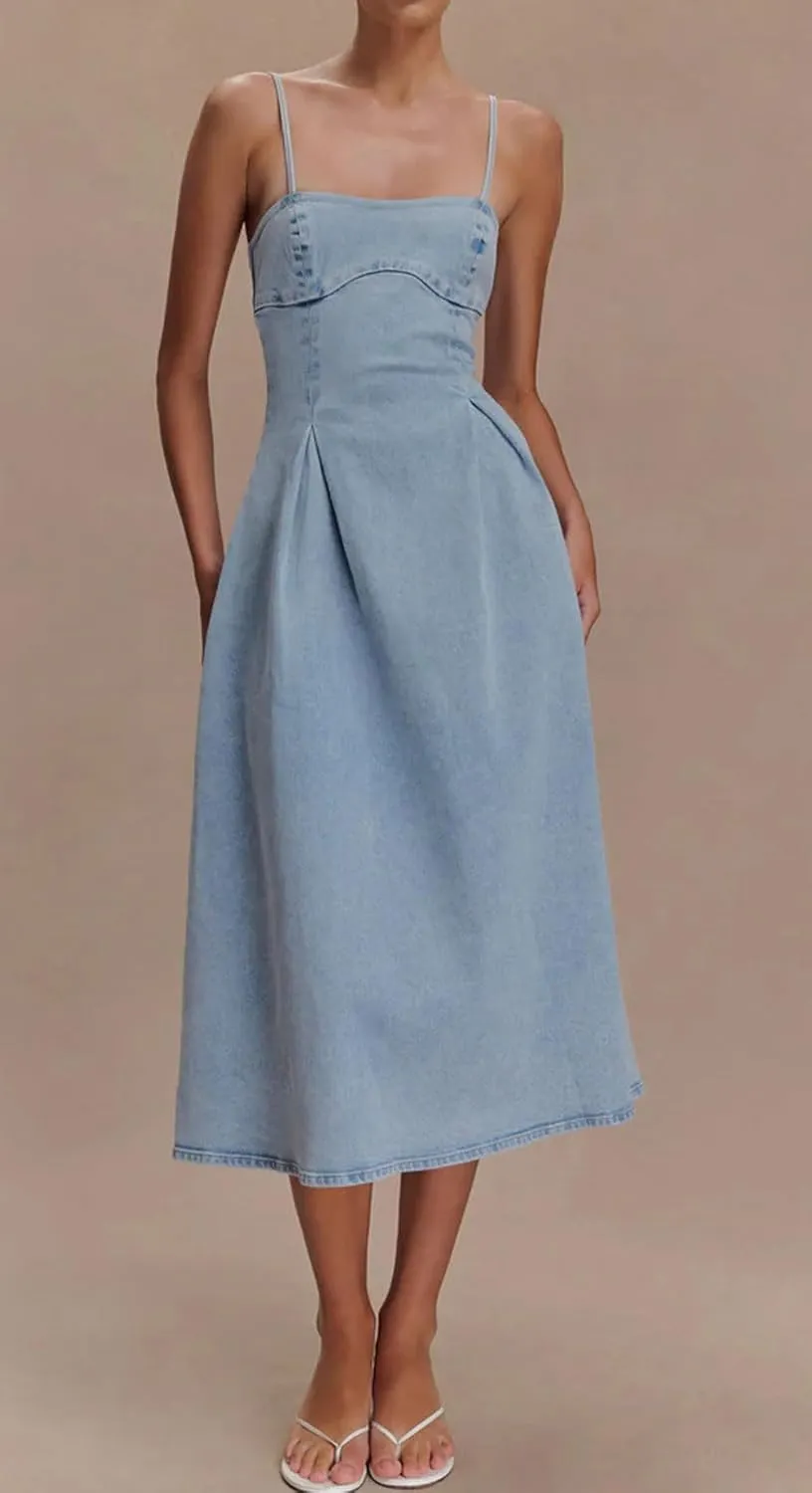 loveimgs Women Sexy Spaghetti Strap Long Denim Midi Dress Slip Sleeveless Skinny Bodycon A Line Jean Dress Cocktail