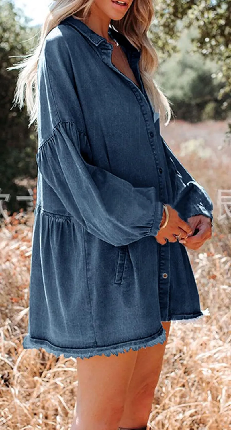 loveimgs Women's Oversized Distressed Denim Button Down Tunic Shirt Dress with Pockets