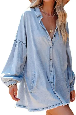 loveimgs Women's Oversized Distressed Denim Button Down Tunic Shirt Dress with Pockets
