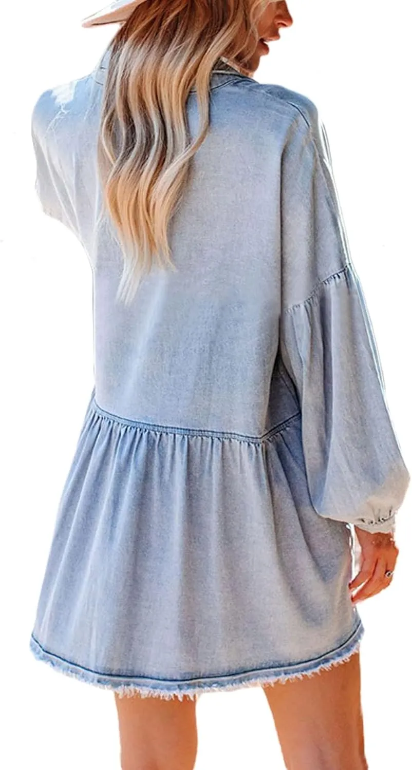 loveimgs Women's Oversized Distressed Denim Button Down Tunic Shirt Dress with Pockets