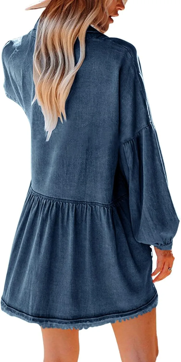 loveimgs Women's Oversized Distressed Denim Button Down Tunic Shirt Dress with Pockets