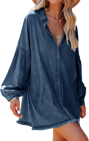 loveimgs Women's Oversized Distressed Denim Button Down Tunic Shirt Dress with Pockets