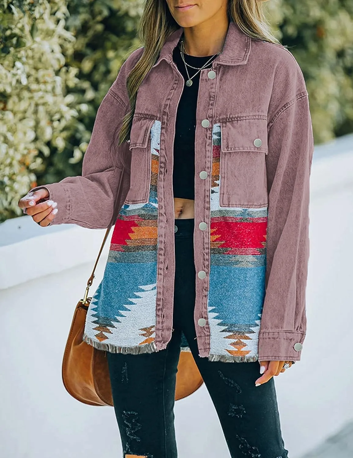 Lumister Women's Aztec Denim Jacket Distressed Lapel Long Sleeve Vintage Button Down Denim Jacket Shacket