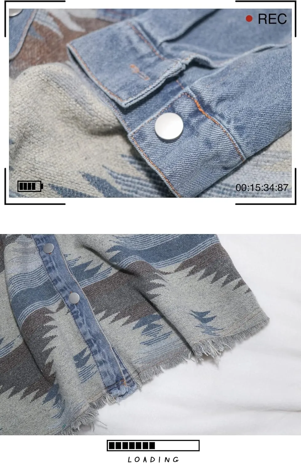 Lumister Women's Aztec Denim Jacket Distressed Lapel Long Sleeve Vintage Button Down Denim Jacket Shacket