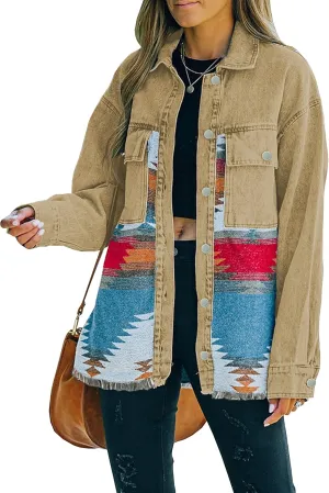 Lumister Women's Aztec Denim Jacket Distressed Lapel Long Sleeve Vintage Button Down Denim Jacket Shacket
