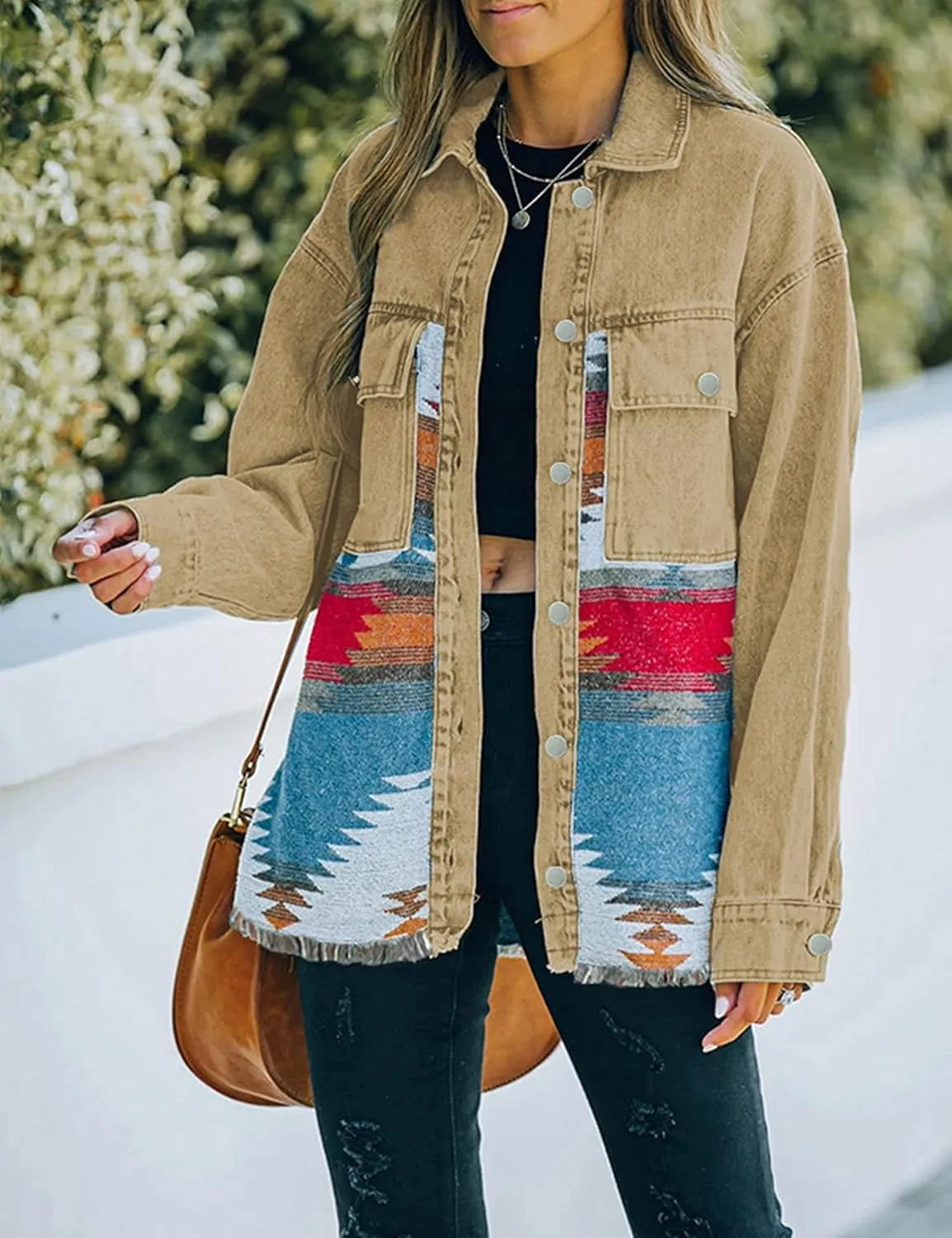 Lumister Women's Aztec Denim Jacket Distressed Lapel Long Sleeve Vintage Button Down Denim Jacket Shacket
