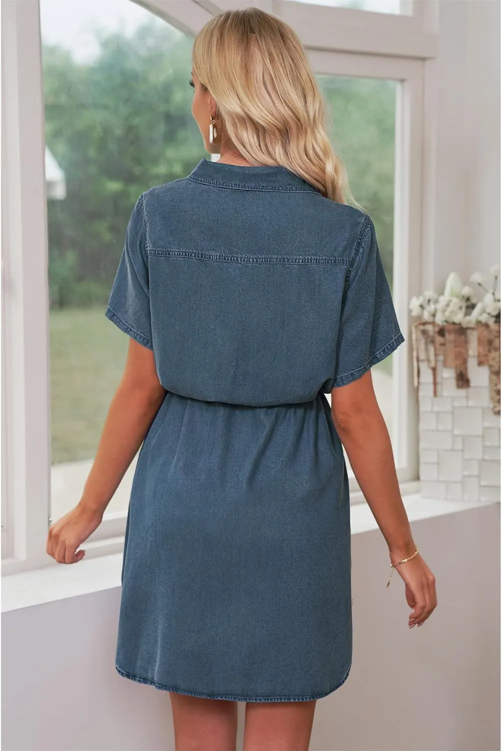 luvamia Women Casual Denim Dress Short Sleeve Tie Waist Classic Jean Shirt Dress