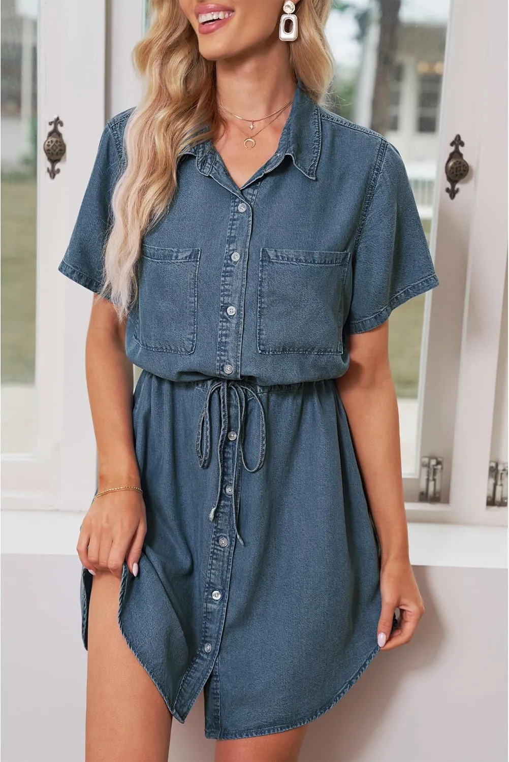 luvamia Women Casual Denim Dress Short Sleeve Tie Waist Classic Jean Shirt Dress