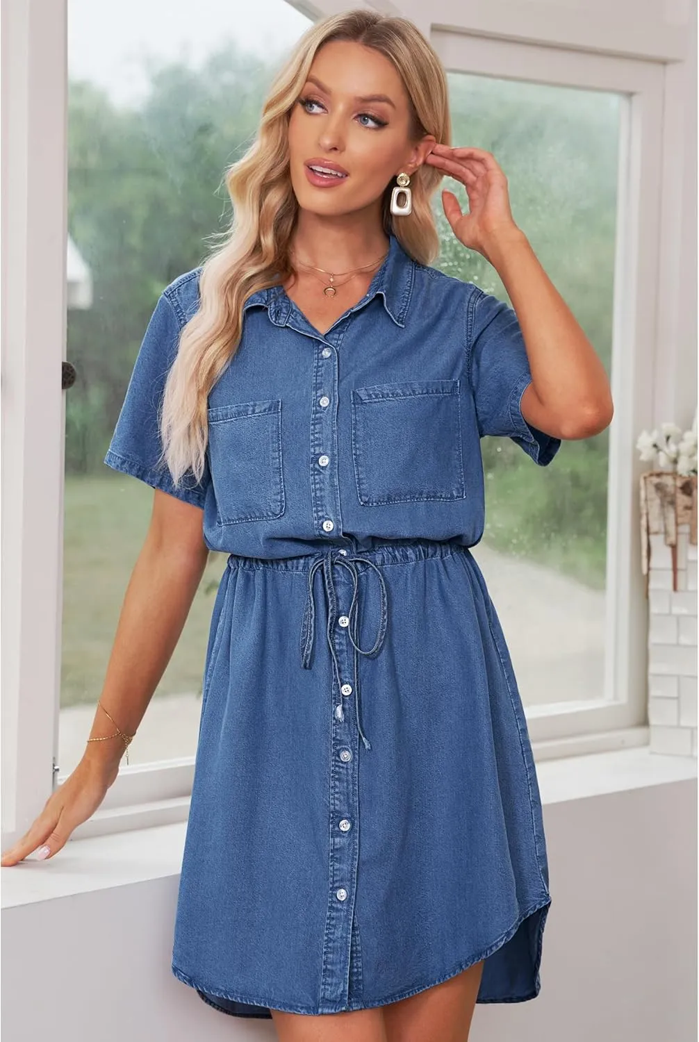 luvamia Women Casual Denim Dress Short Sleeve Tie Waist Classic Jean Shirt Dress