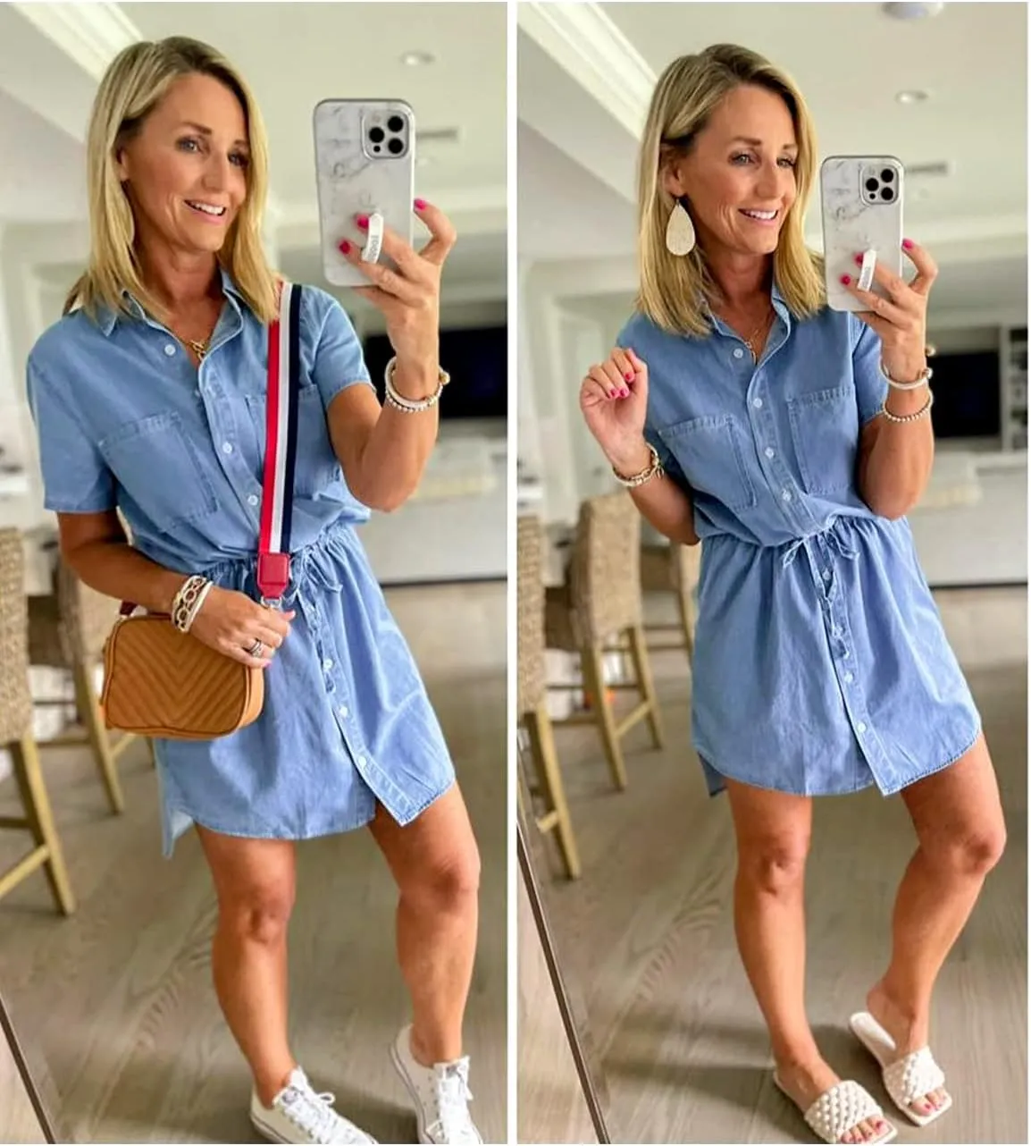 luvamia Women Casual Denim Dress Short Sleeve Tie Waist Classic Jean Shirt Dress