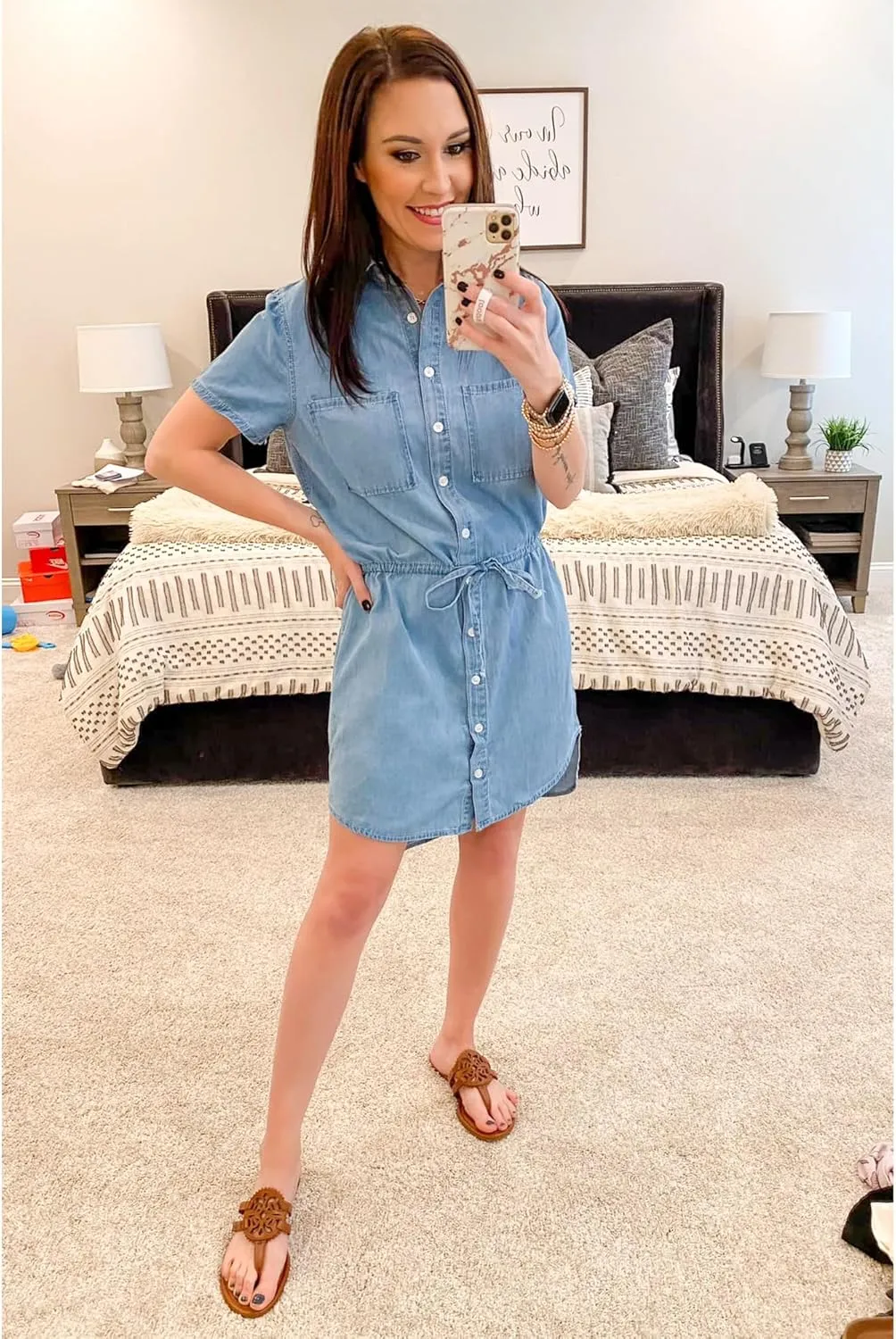 luvamia Women Casual Denim Dress Short Sleeve Tie Waist Classic Jean Shirt Dress