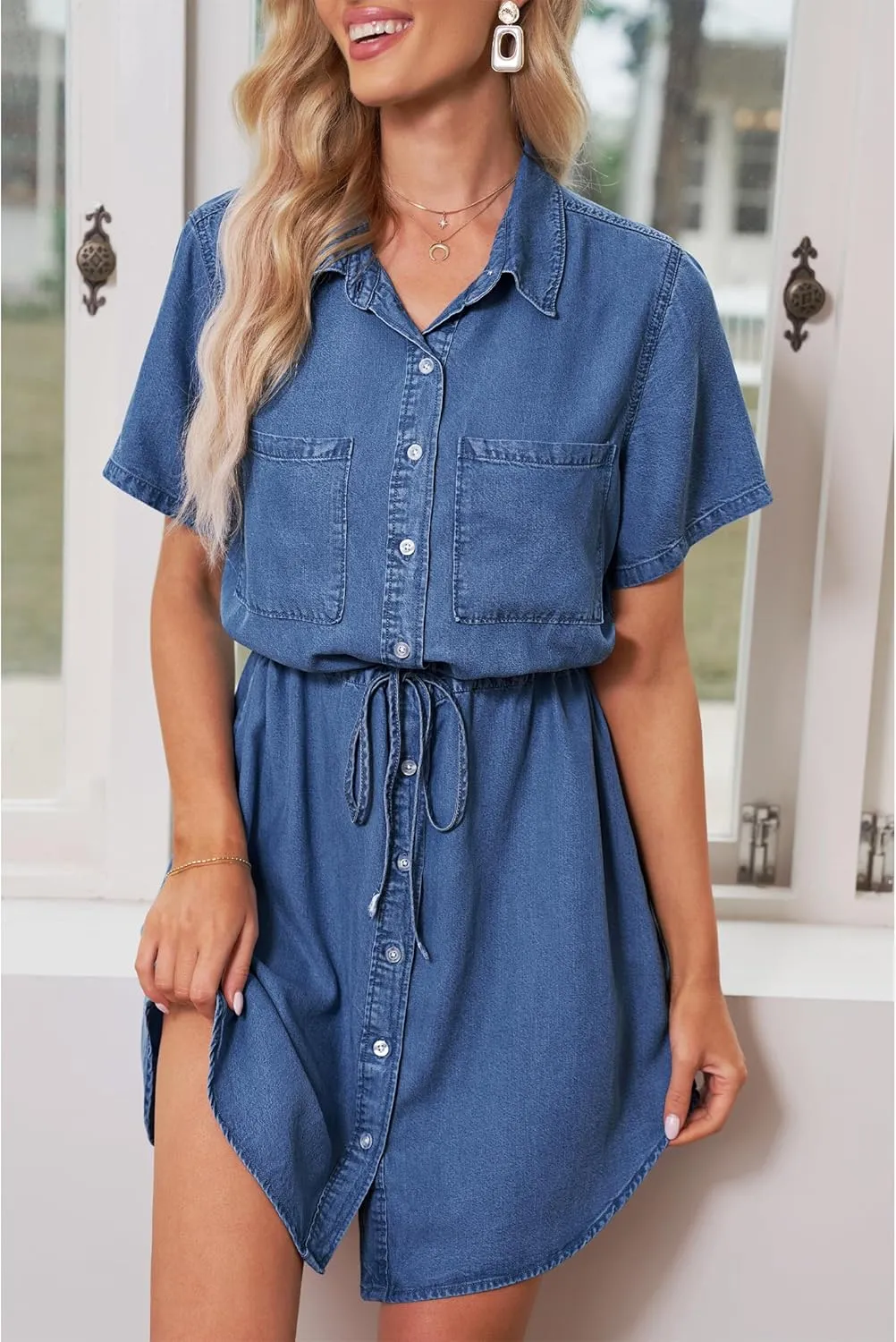 luvamia Women Casual Denim Dress Short Sleeve Tie Waist Classic Jean Shirt Dress