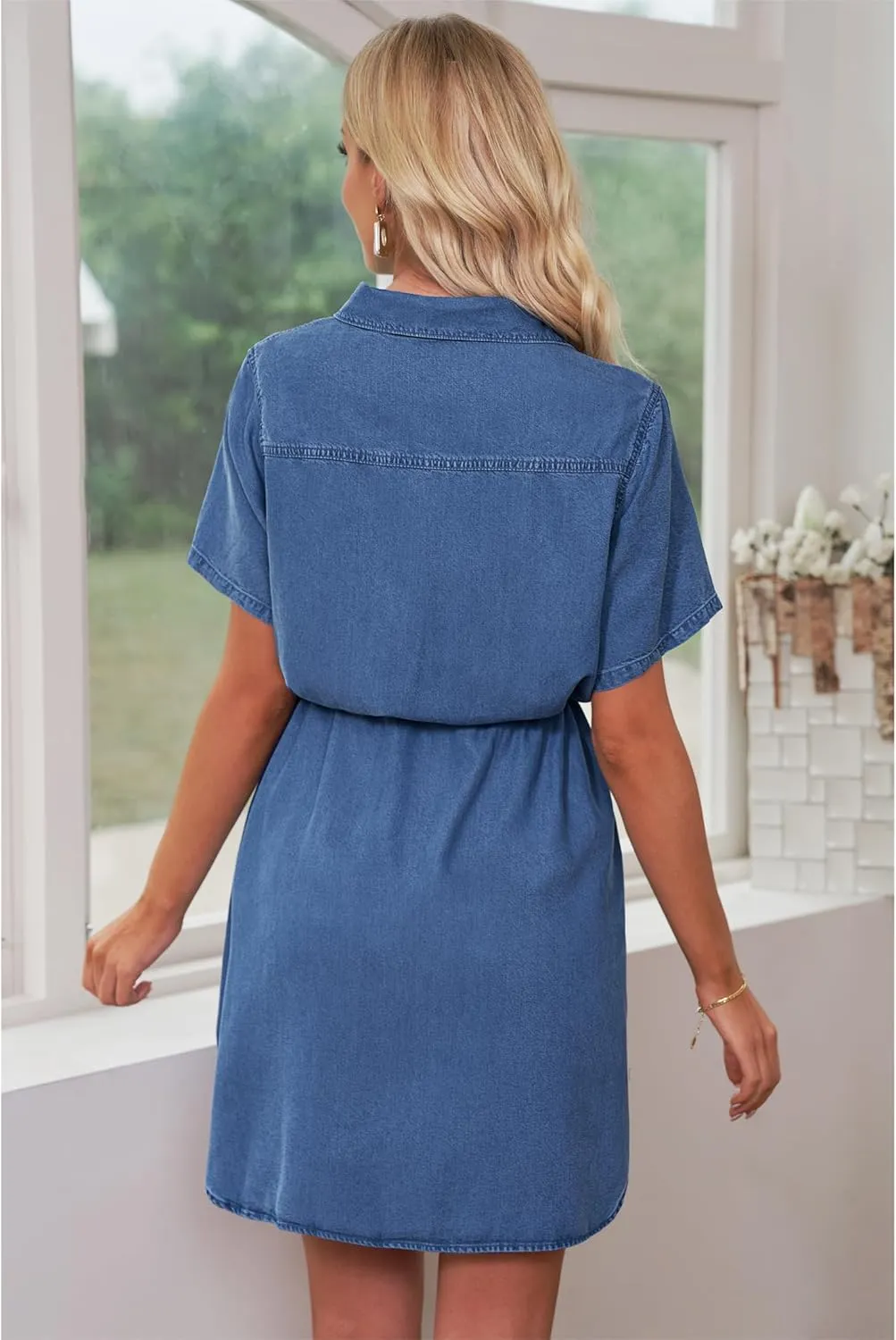 luvamia Women Casual Denim Dress Short Sleeve Tie Waist Classic Jean Shirt Dress