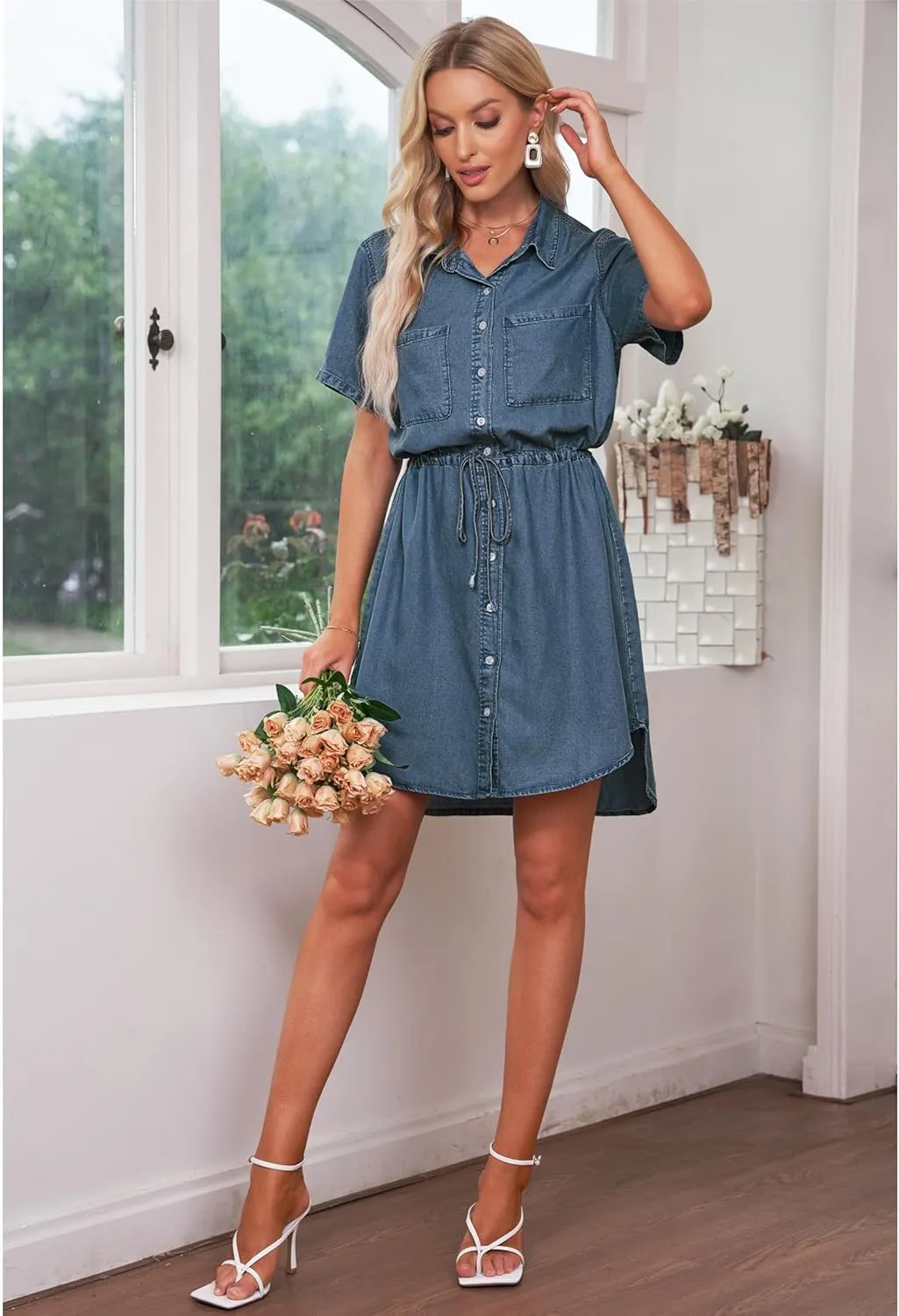 luvamia Women Casual Denim Dress Short Sleeve Tie Waist Classic Jean Shirt Dress