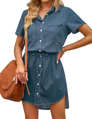 luvamia Women Casual Denim Dress Short Sleeve Tie Waist Classic Jean Shirt Dress