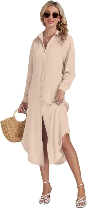 LYANER Women's Collar Button Long Sleeve Max Long Shirt Dress Cardigan Cover Ups
