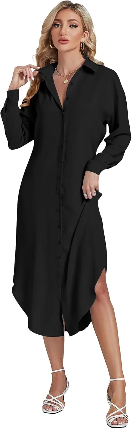 LYANER Women's Collar Button Long Sleeve Max Long Shirt Dress Cardigan Cover Ups