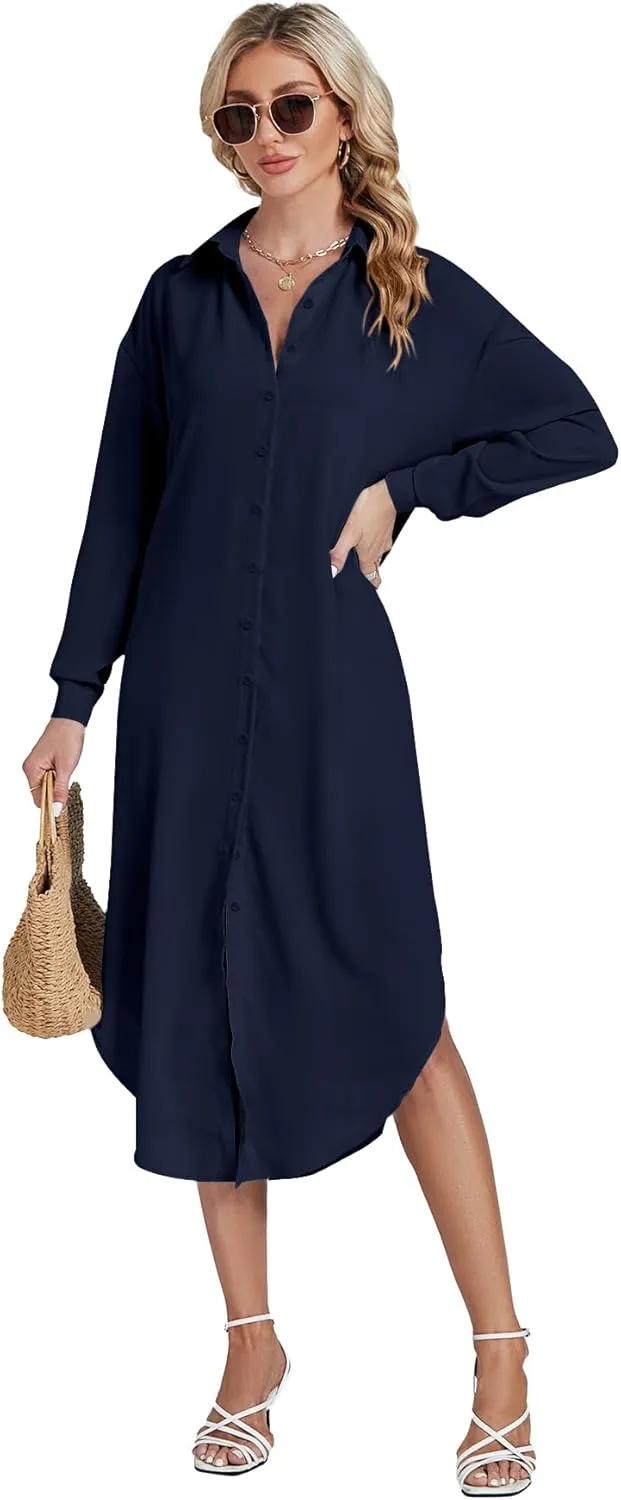 LYANER Women's Collar Button Long Sleeve Max Long Shirt Dress Cardigan Cover Ups