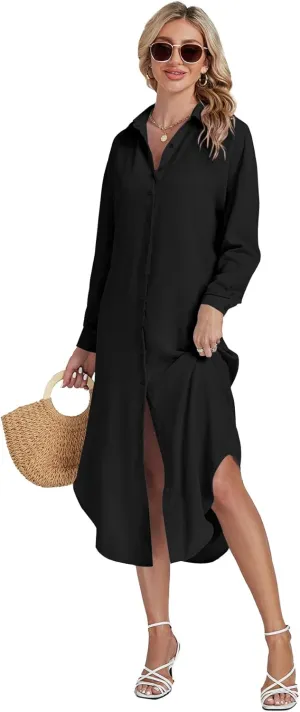LYANER Women's Collar Button Long Sleeve Max Long Shirt Dress Cardigan Cover Ups