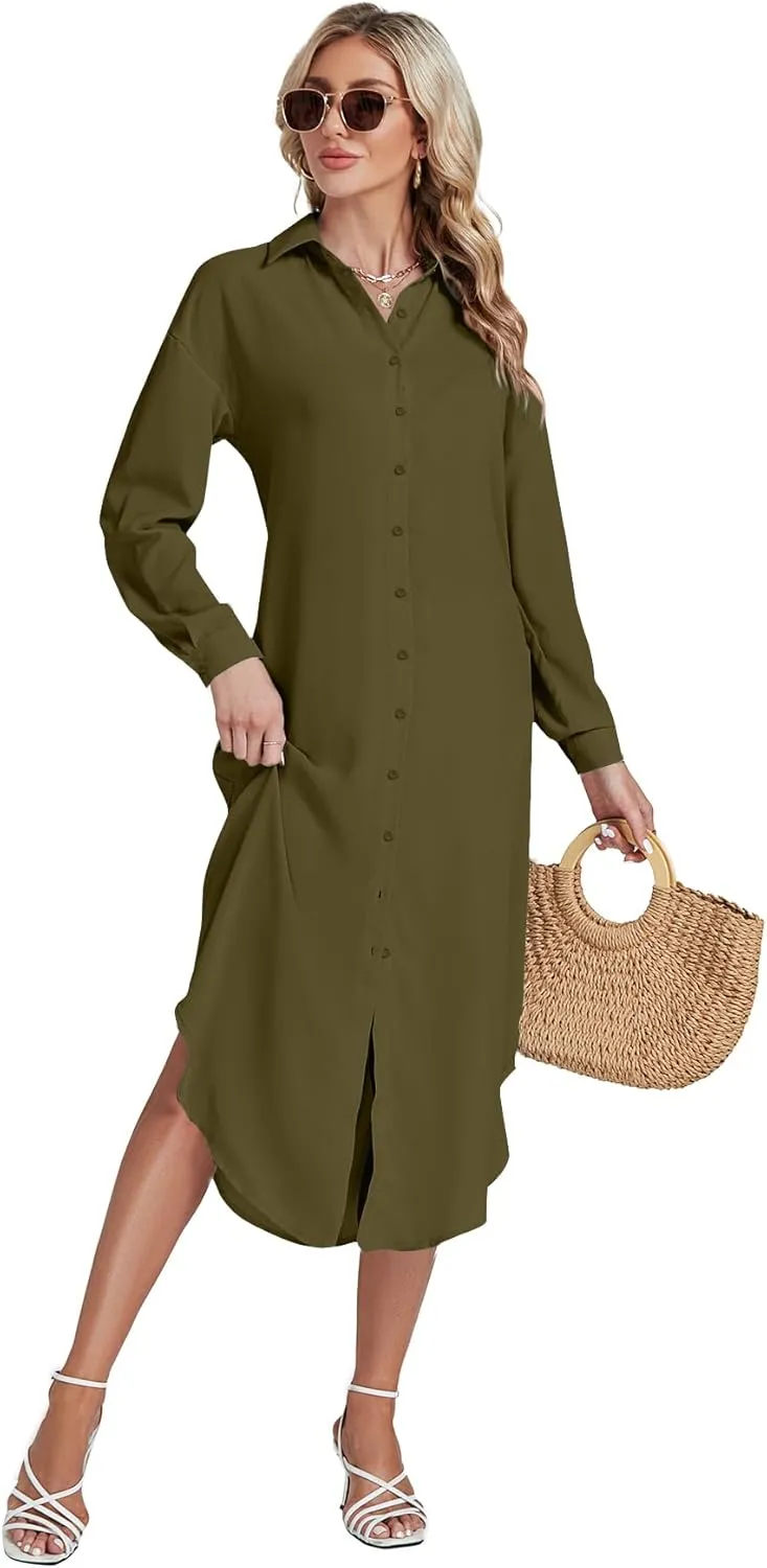 LYANER Women's Collar Button Long Sleeve Max Long Shirt Dress Cardigan Cover Ups