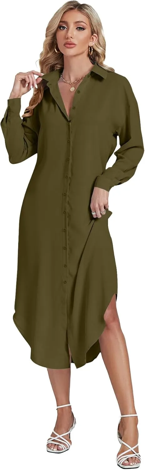 LYANER Women's Collar Button Long Sleeve Max Long Shirt Dress Cardigan Cover Ups